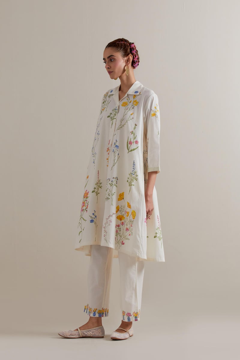 Off-White Floral Block Print A-Line Kurta Set with Dupatta