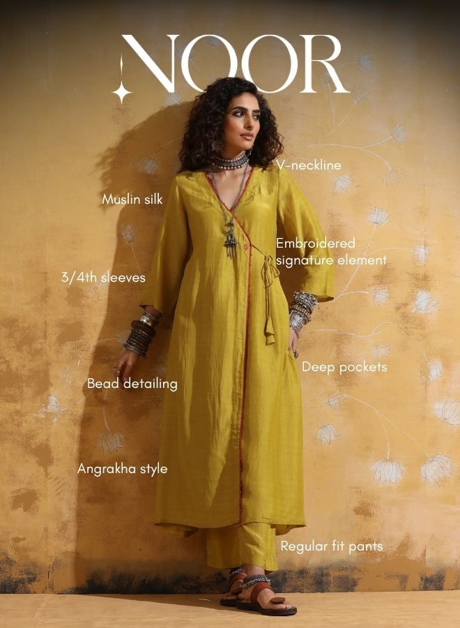 Lime Muslin Silk Angrakha Kurta and Pant Set