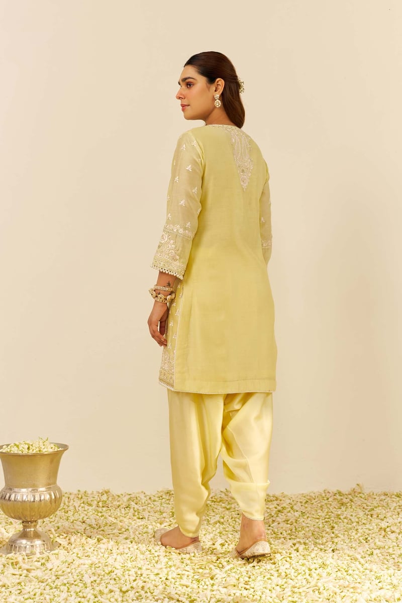 Lemon Yellow Embroidered Kurta and Dhoti Set
