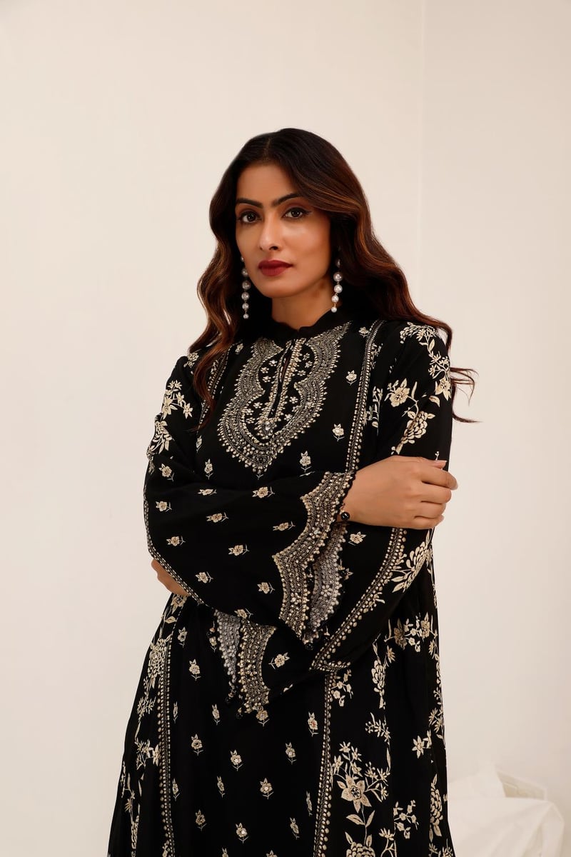 Black Crepe A-Line Kurta Set with Dhoti Pants