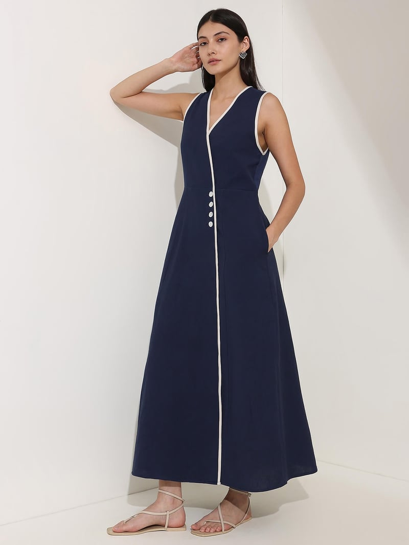 Denim Blue Linen-Blend Colorblock A-Line Maxi Dress