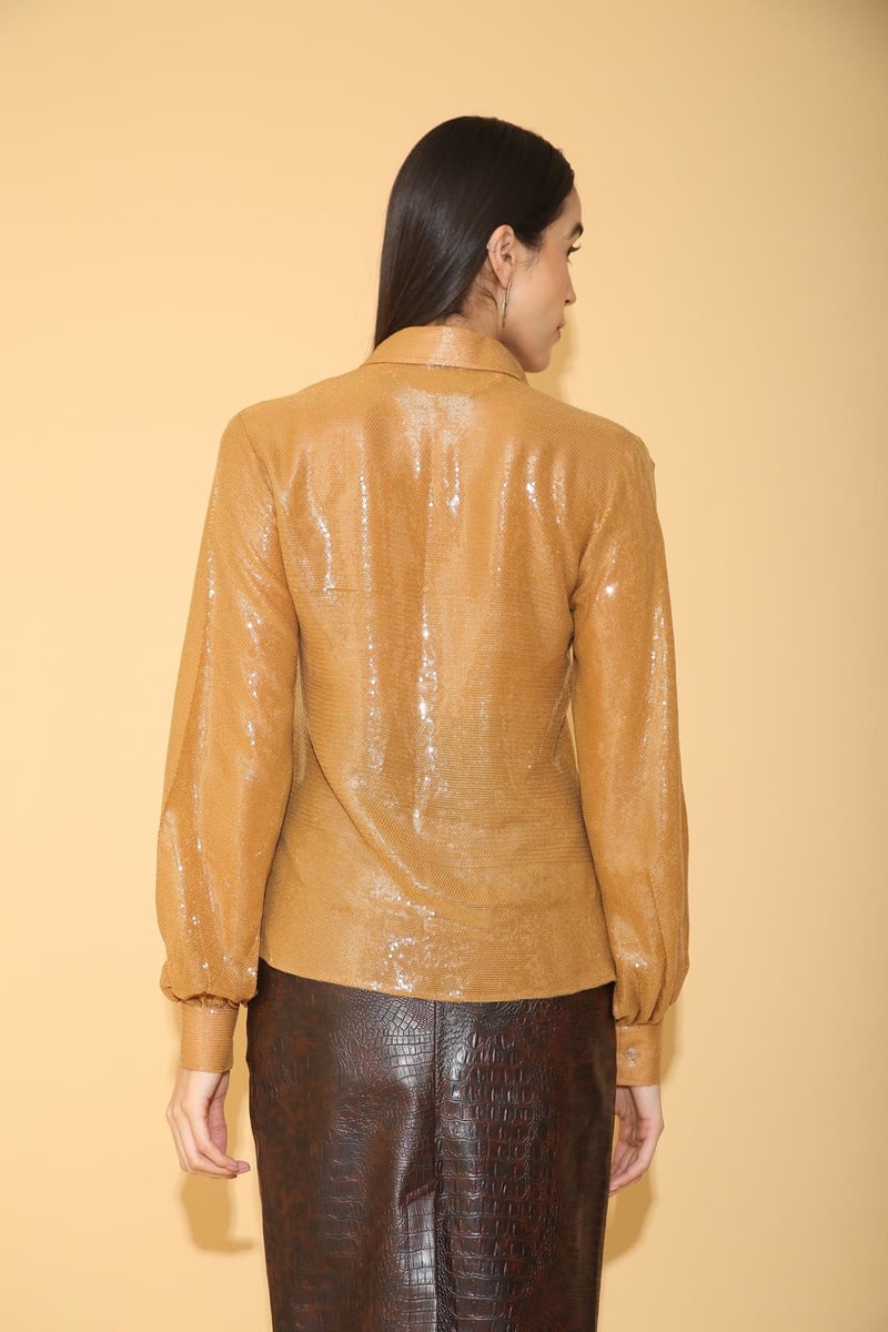 Burnt Gold Sequin Button-Down Shirt with Balloon Sleeves