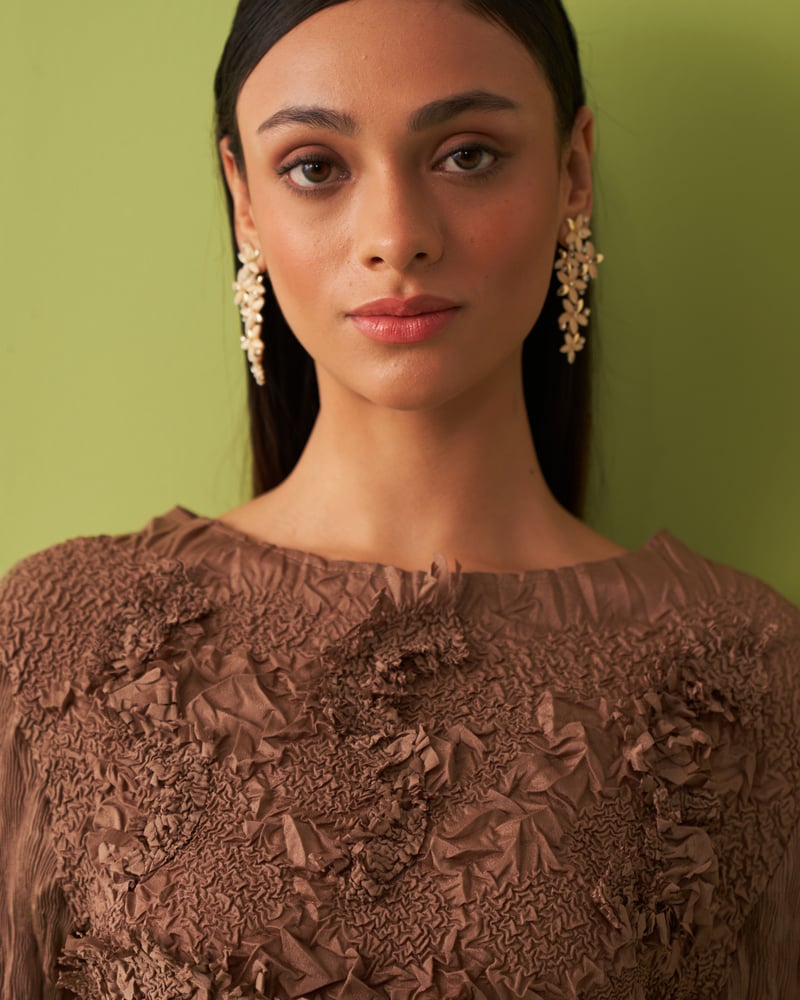 Brown Textured Top and Pleated Midi Skirt Co-ord Set