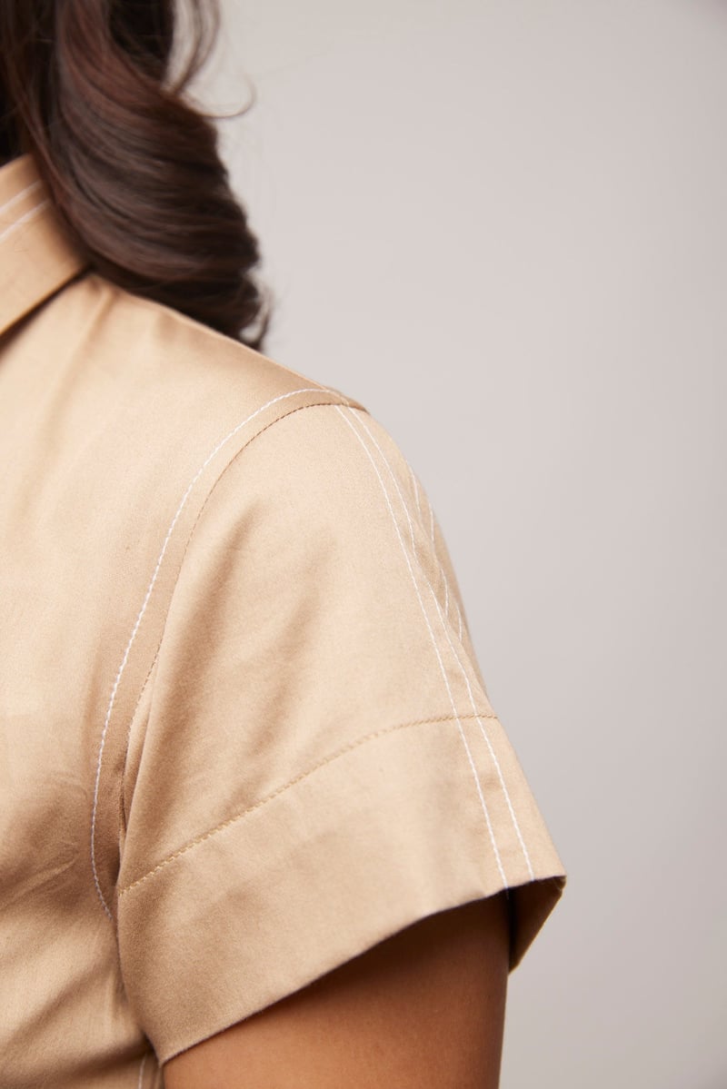 Beige-Gold Asymmetrical Layered Shirtdress with Belt