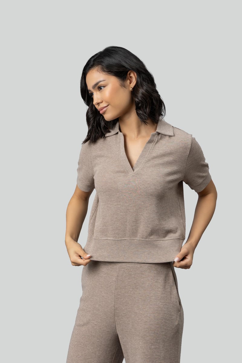 Beige Ottoman Rib Cropped Polo Top