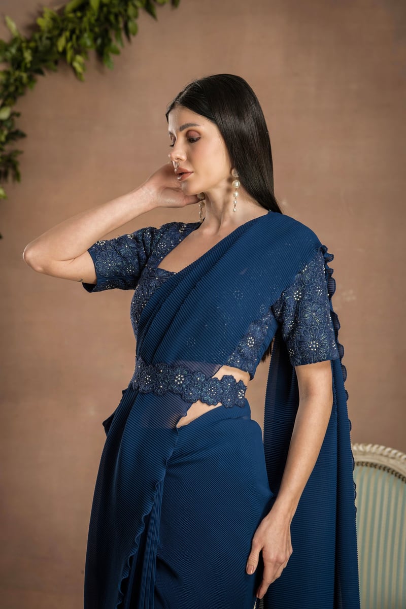 Navy Blue Pre-Draped Pleated Georgette Saree Set
