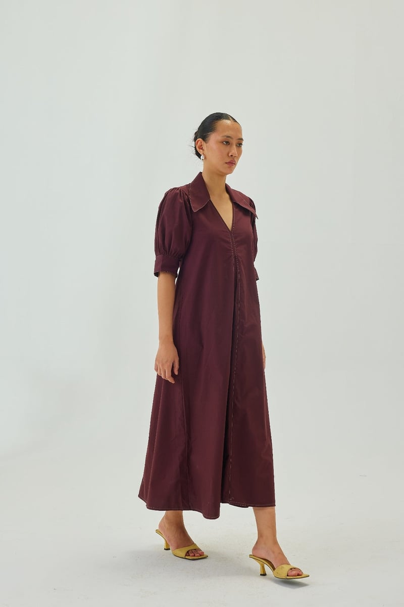 Maroon Poplin A-Line Midi Dress with Puff Sleeves