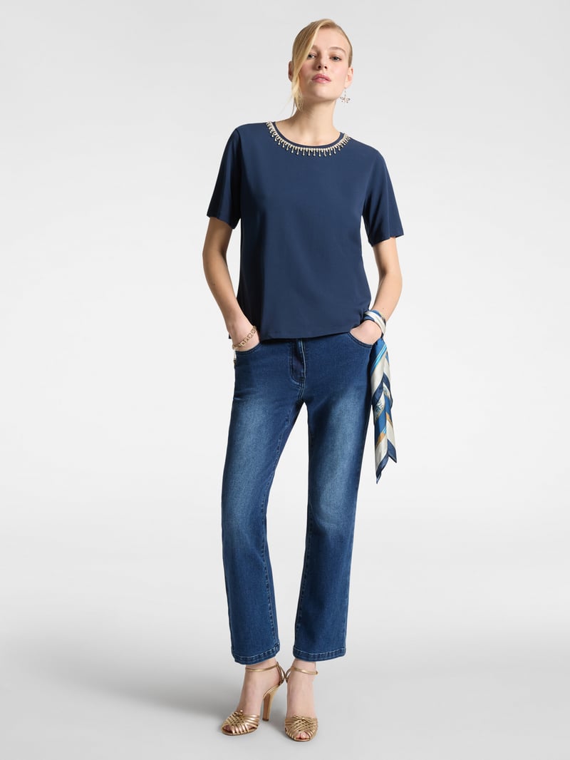 Blue Crew-Neck T-Shirt with Rhinestone Neckline