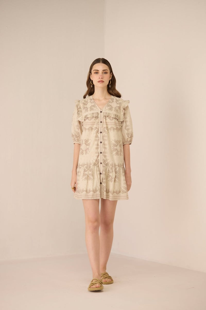 Paisley Brown Cotton A-Line Mini Dress with Ruffle Yoke