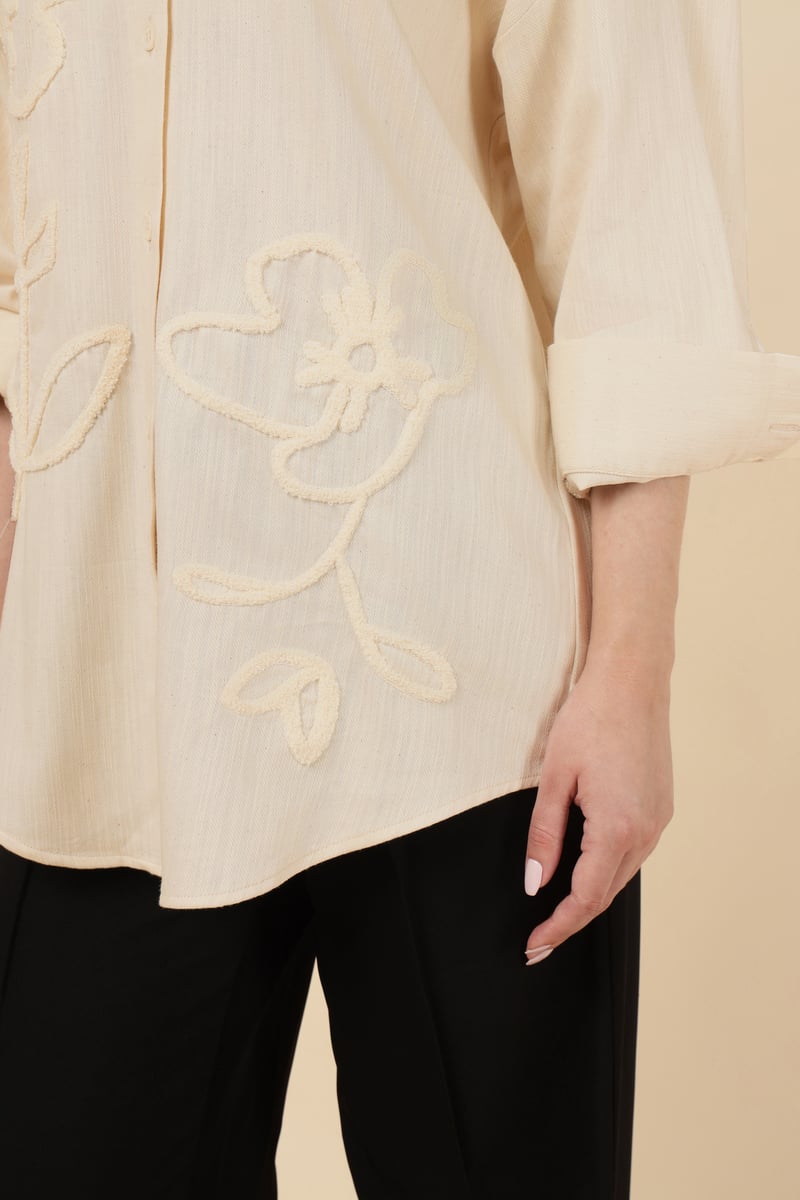 Natural Ivory Tonal Embroidered Button-Down Shirt