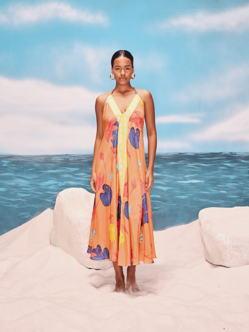 Peach Floral Halter Maxi Dress with Contrast Border