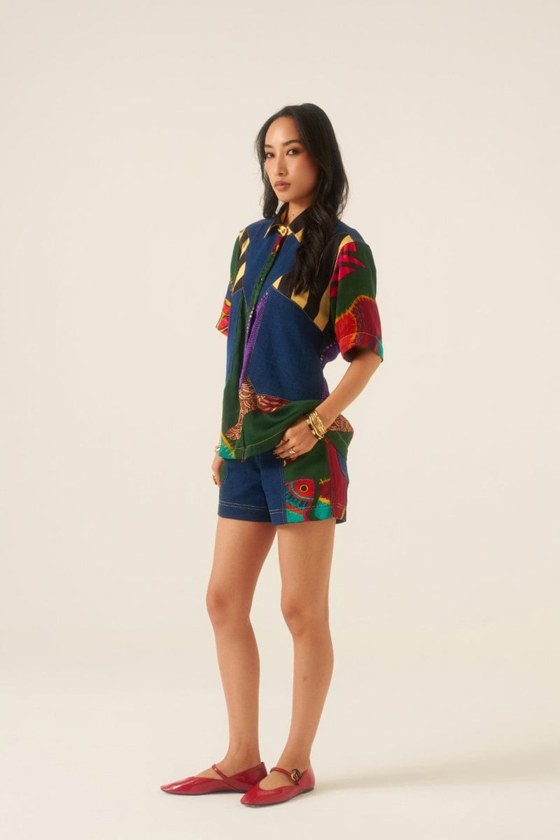 Multicolor Patchwork Denim Panel Button-Down Shirt