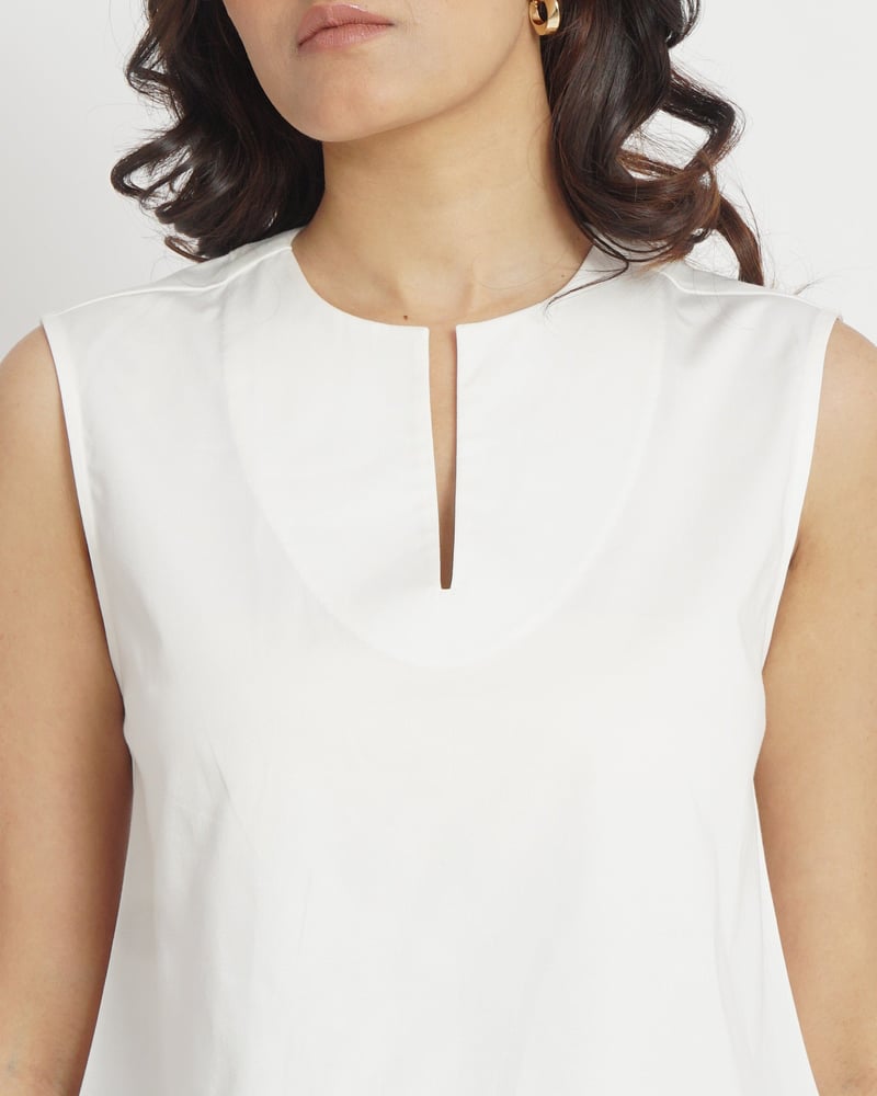 White Notched Neck Relaxed A-Line Sleeveless Cotton Top