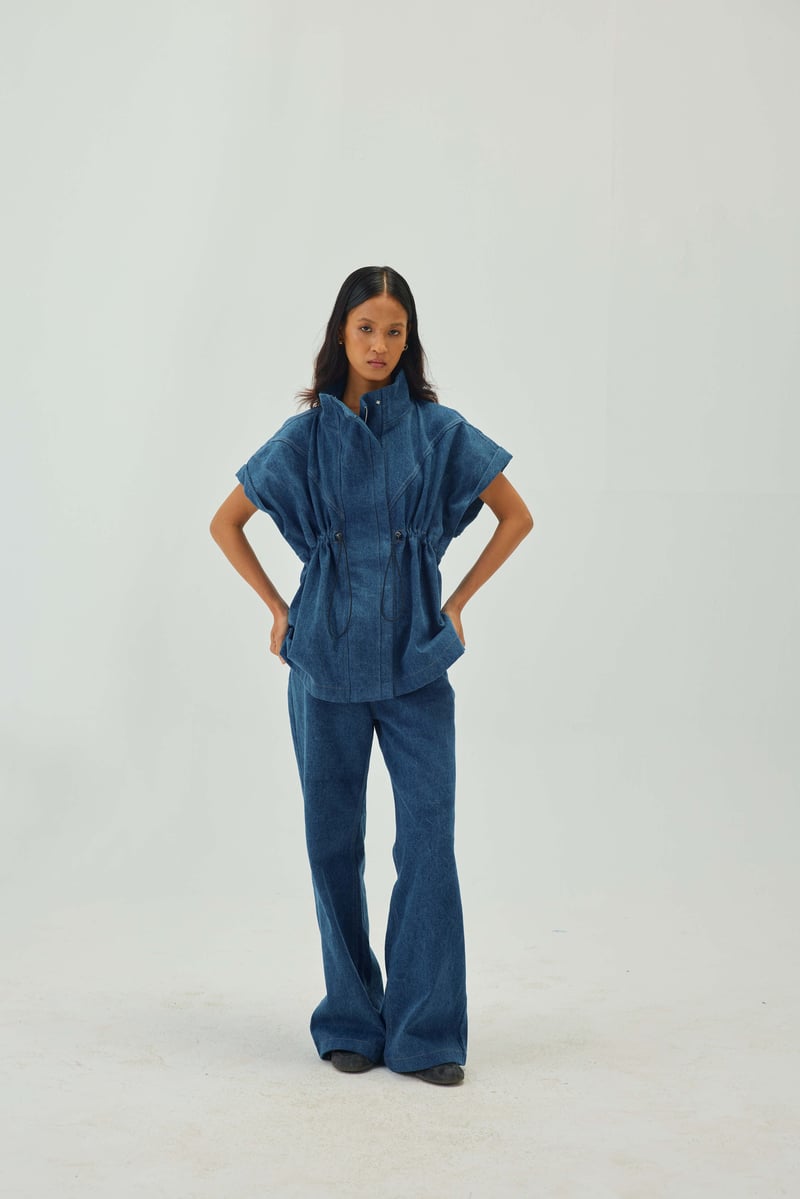 Oversized Sleeveless Blue Denim Jacket with Drawstring Waist