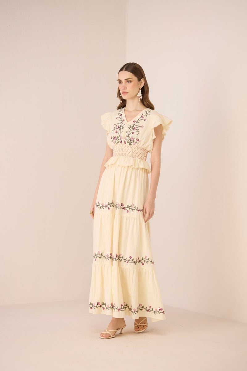 Cream Cotton Tiered Embroidered Maxi Skirt