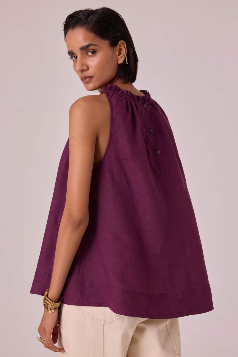 Purple Linen Halter Neck Flowy Top with Ruffle Neckline