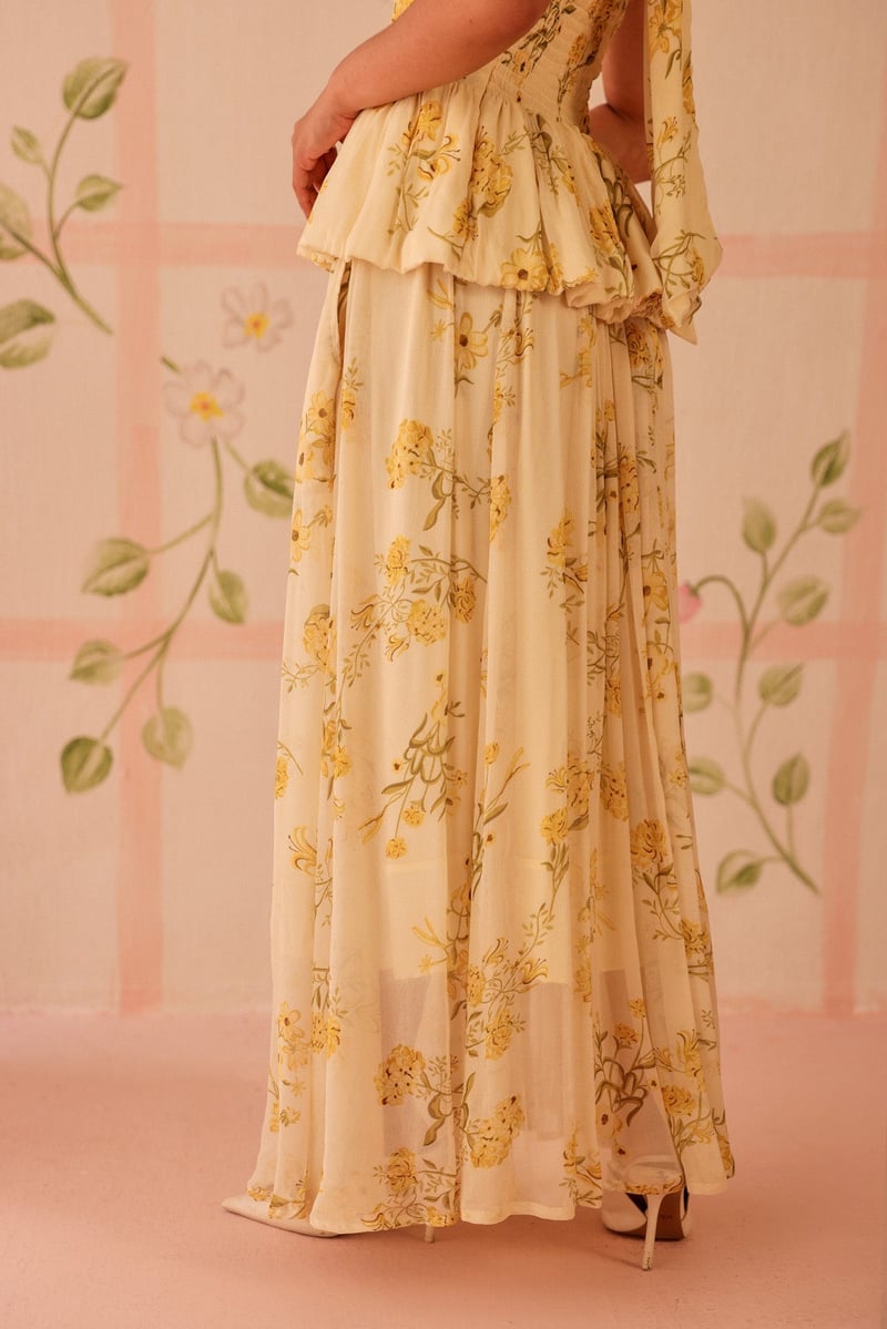 Butter Yellow Floral Print Chiffon Midi Skirt