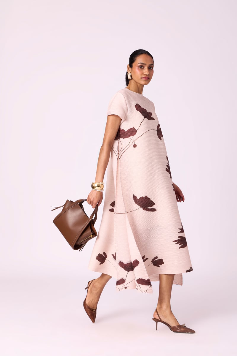 Nude Beige Pleated Floral Midi Dress