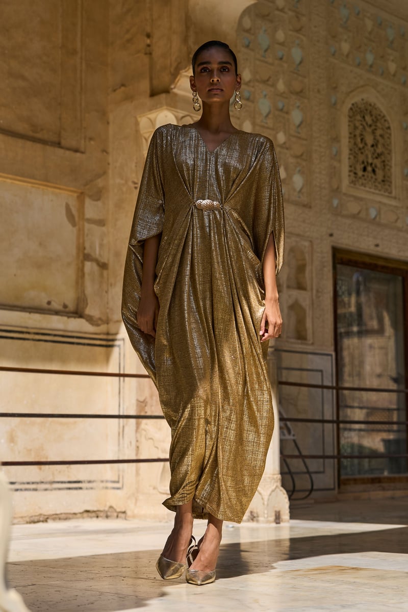 Gold Metallic Draped Maxi Kaftan with V-Neck