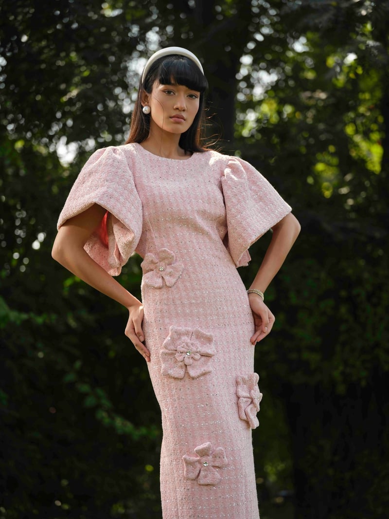 Pink Tweed Maxi Pencil Dress with 3D Floral Details