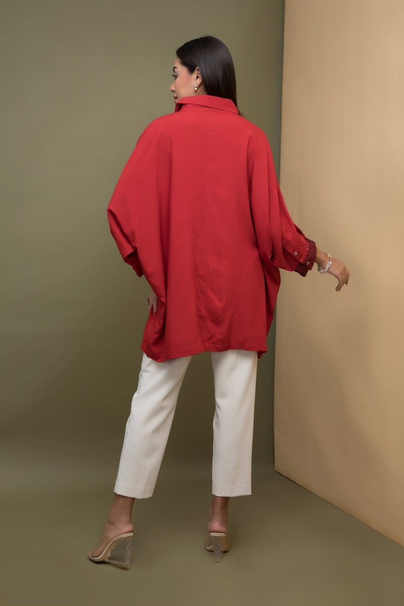 Ruby Red Kaftan-Fit Shirt with Sequin Pocket