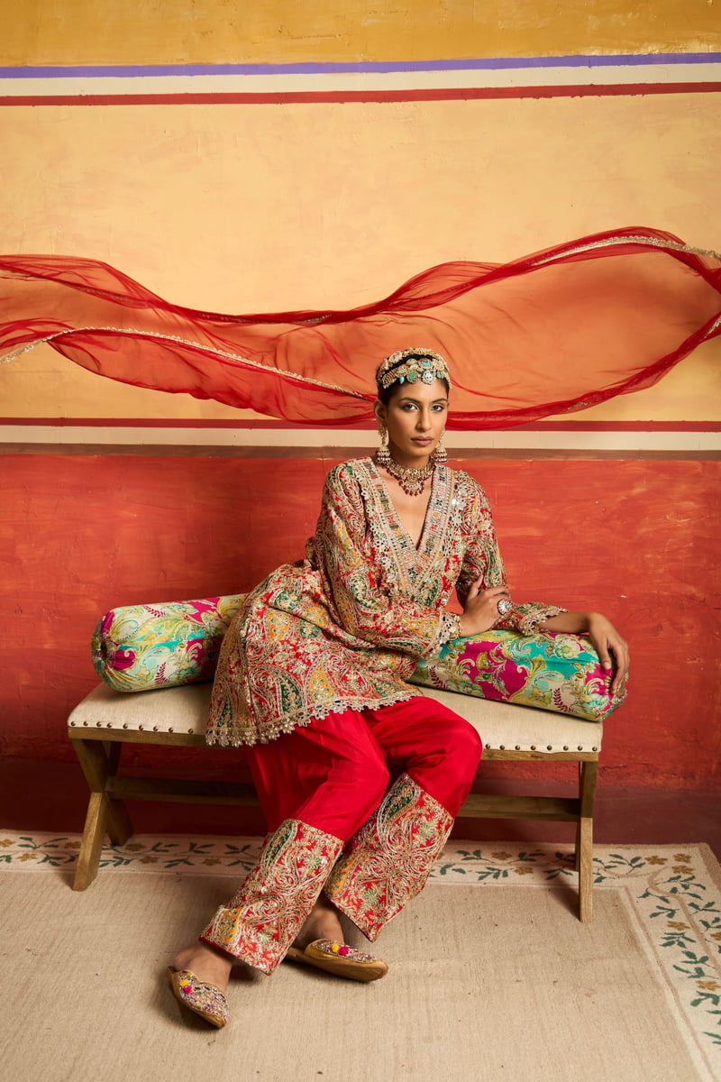 Red Paisley Embroidered Kurta Set with Dupatta