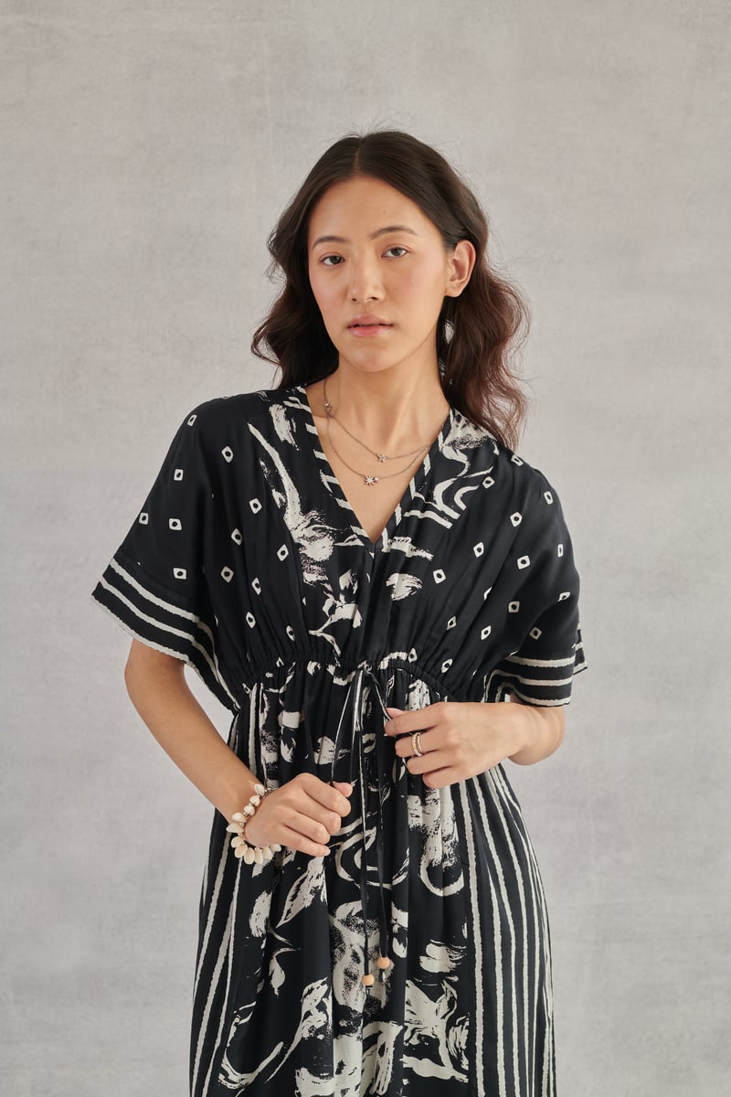 Black Monochrome Printed Midi Kaftan Dress