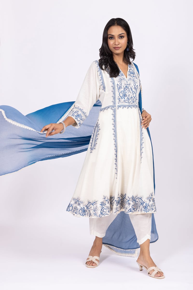 Ivory Linen A-Line Embroidered Kurta Set with Dupatta