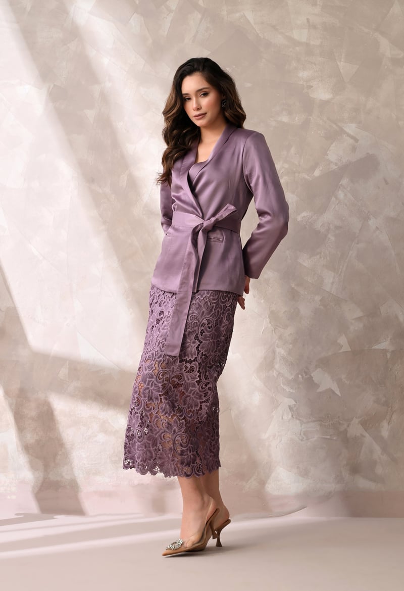 Mauve Wrap Blazer and Lace Midi Skirt Co-ord Set