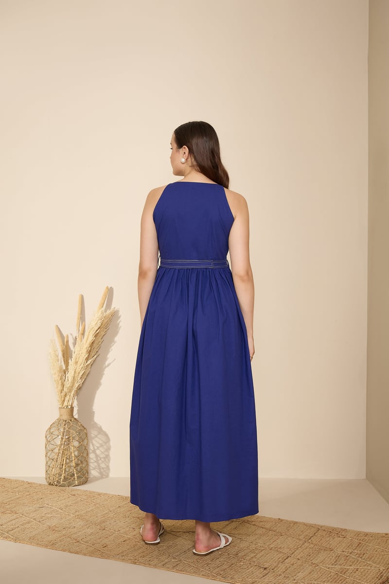 Aqua Blue Cotton Poplin Fit and Flare Midi Dress