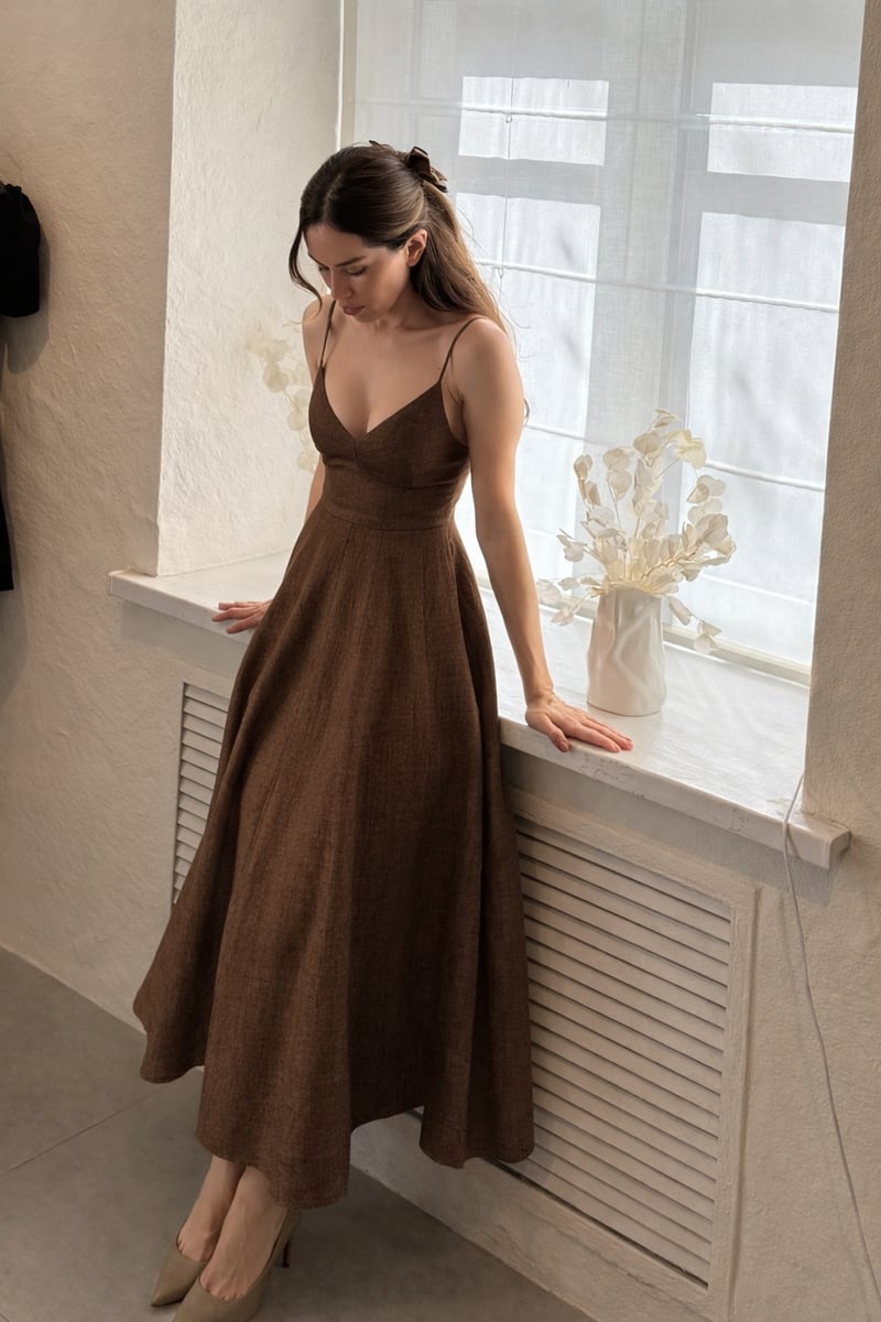 Tara Cocoa Linen Dress — MOMENT BOMBAY