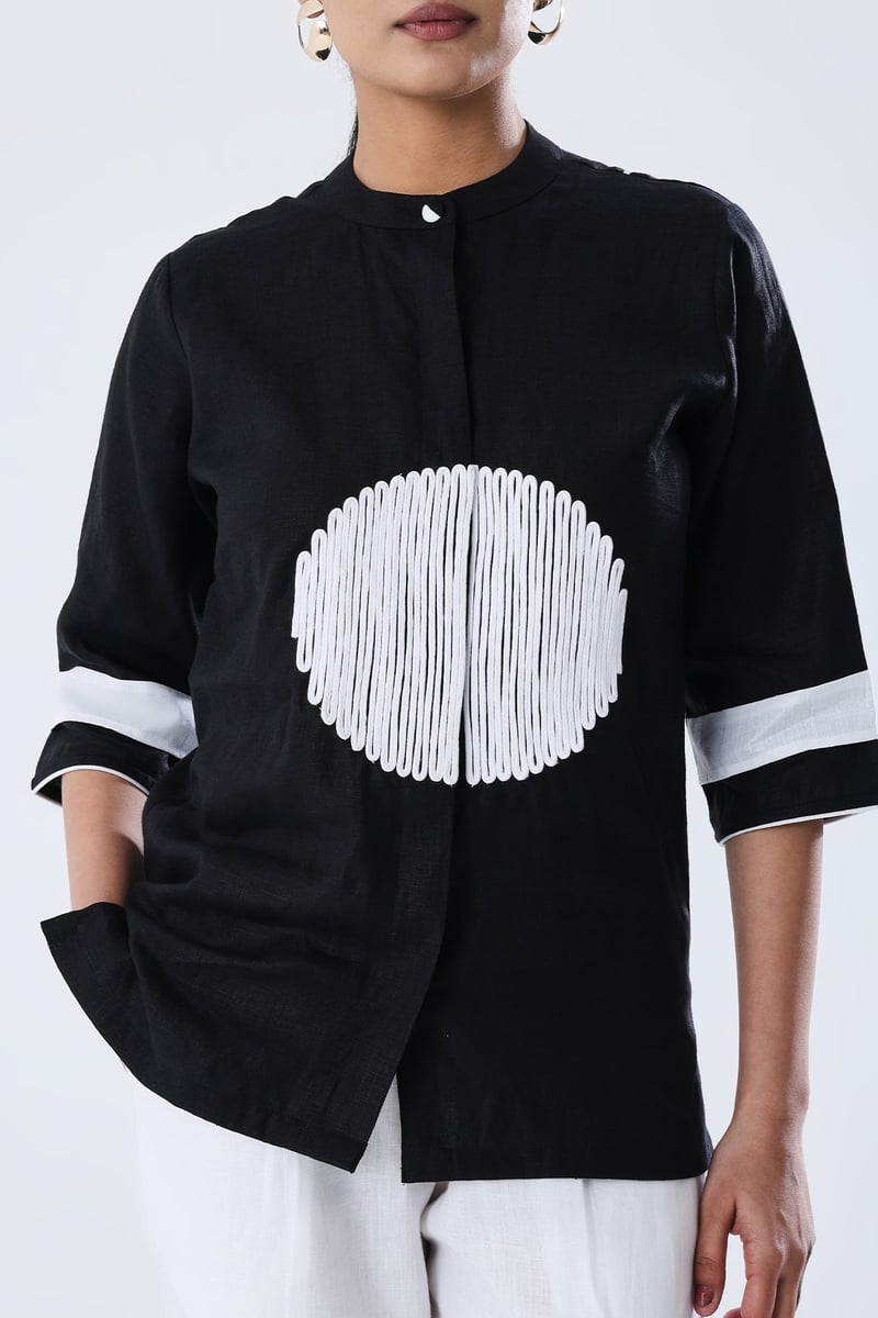 Black Hemp Shirt with White Dori Motif and 3/4 Sleeves
