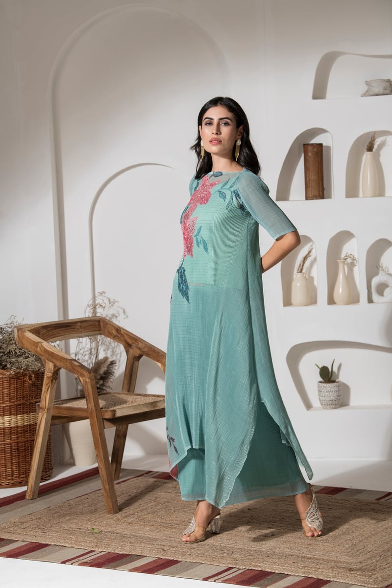 Green Floral Lurex Kaftan Kurta Set with Palazzo