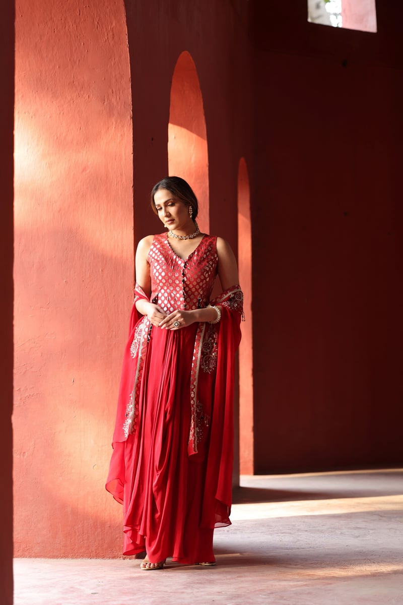 Red Chanderi Dhoti Set
