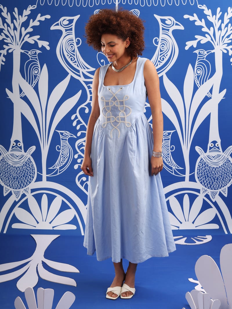 Ice Blue Square Neck Embroidered Fit and Flare Midi Dress