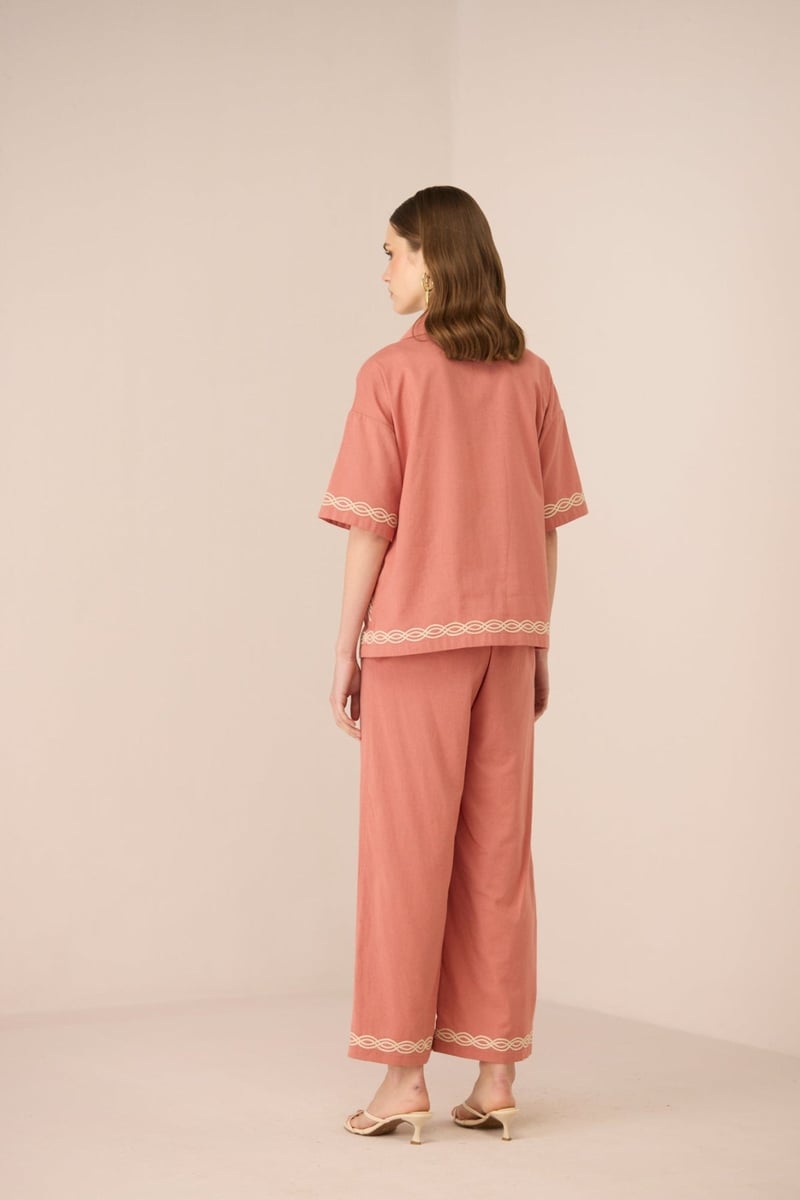 Coral Pink Cotton Linen Wide-Leg Trousers