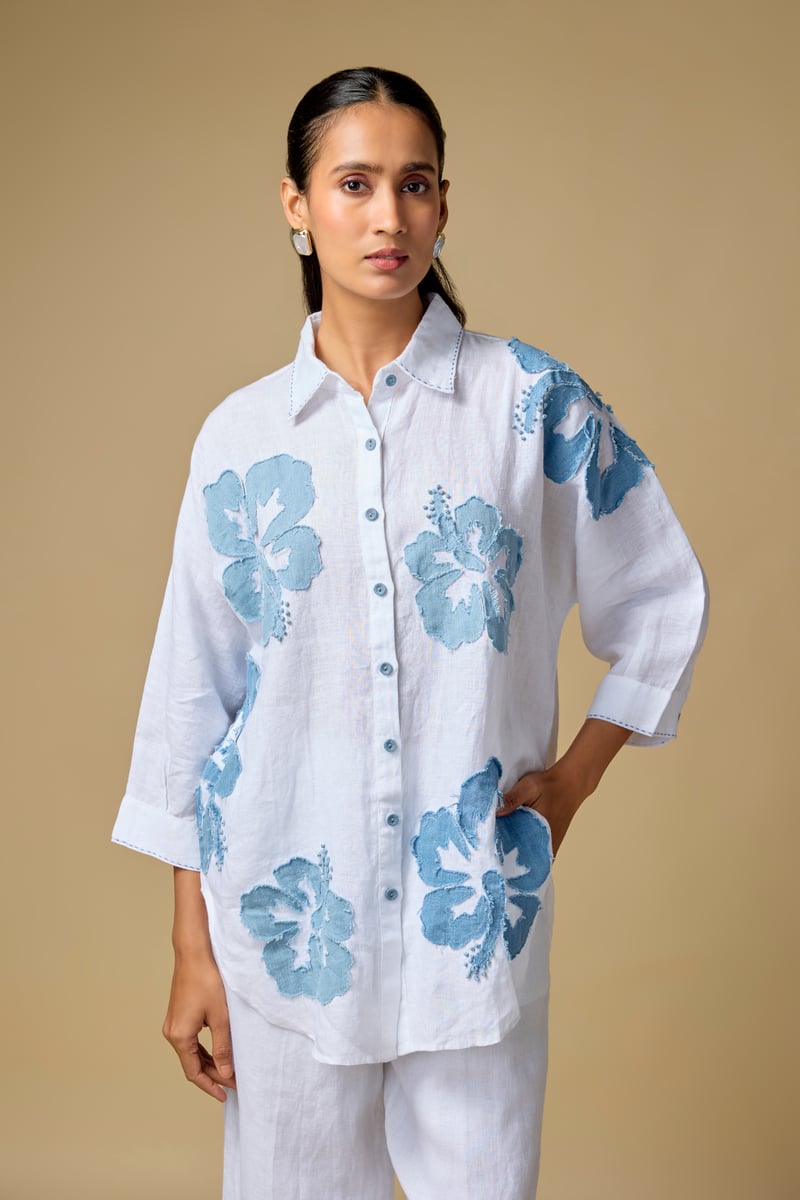 White Linen Shirt with Blue Floral Applique