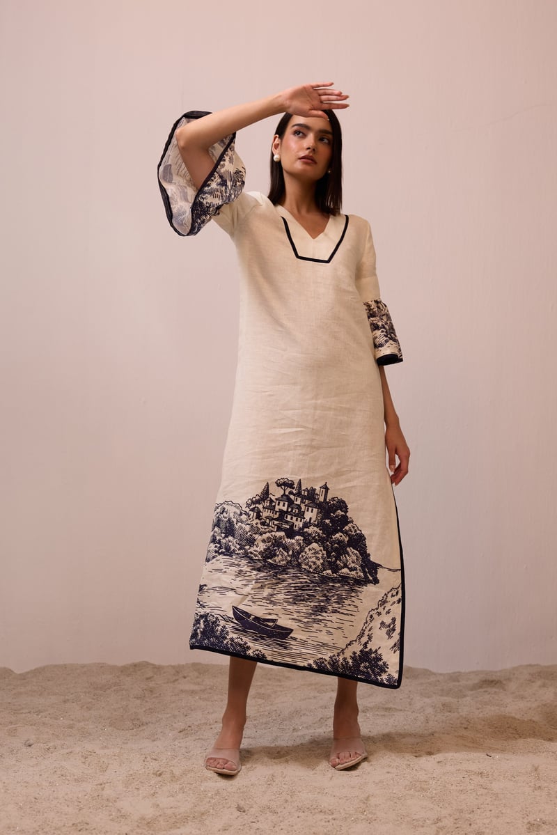 Apricot Linen Maxi Dress with Navy Scenic Border Print