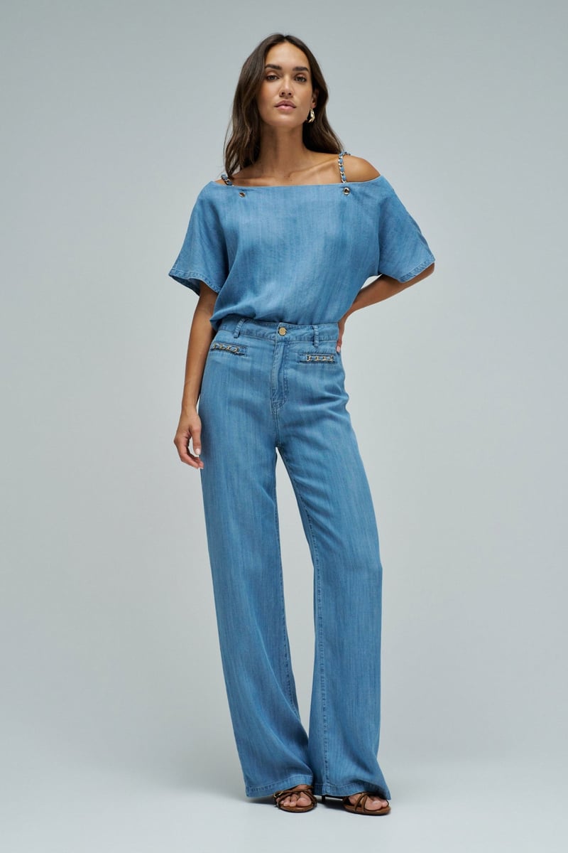 Light Wash Boat Neck Lyocell Top with Chain Straps