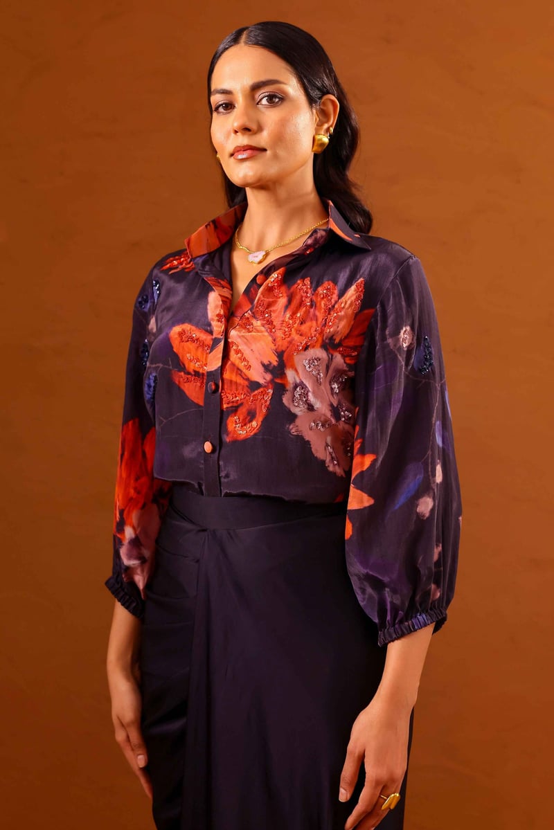 Printed Shirt and Draped Maxi Skirt Co-ord Set