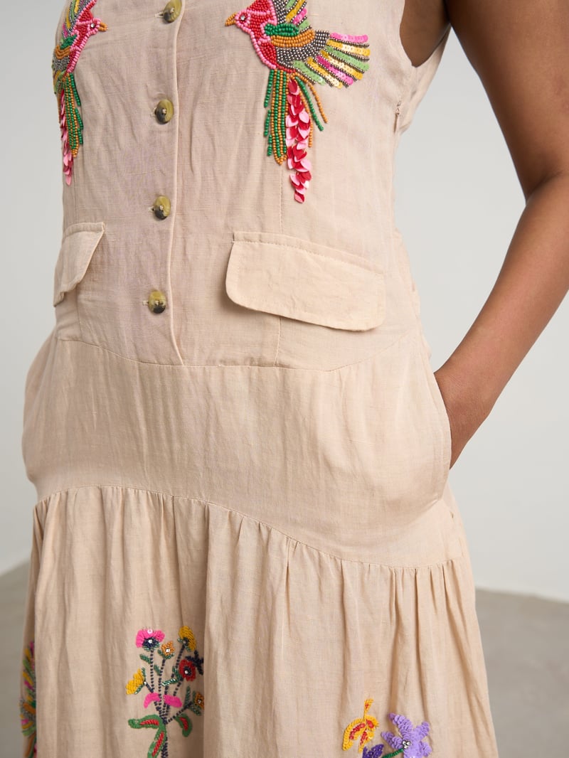 Beige Linen Hand-Embroidered Button-Front Maxi Dress