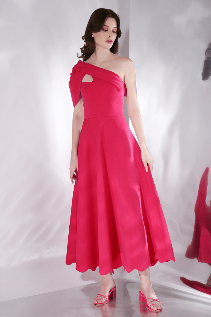 Hot Pink Fit and Flare Midi Dress with Detachable Bow