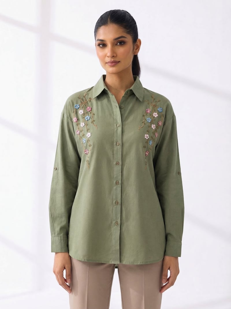Green Embroidered Collared Button-Down Shirt — BURRASCA