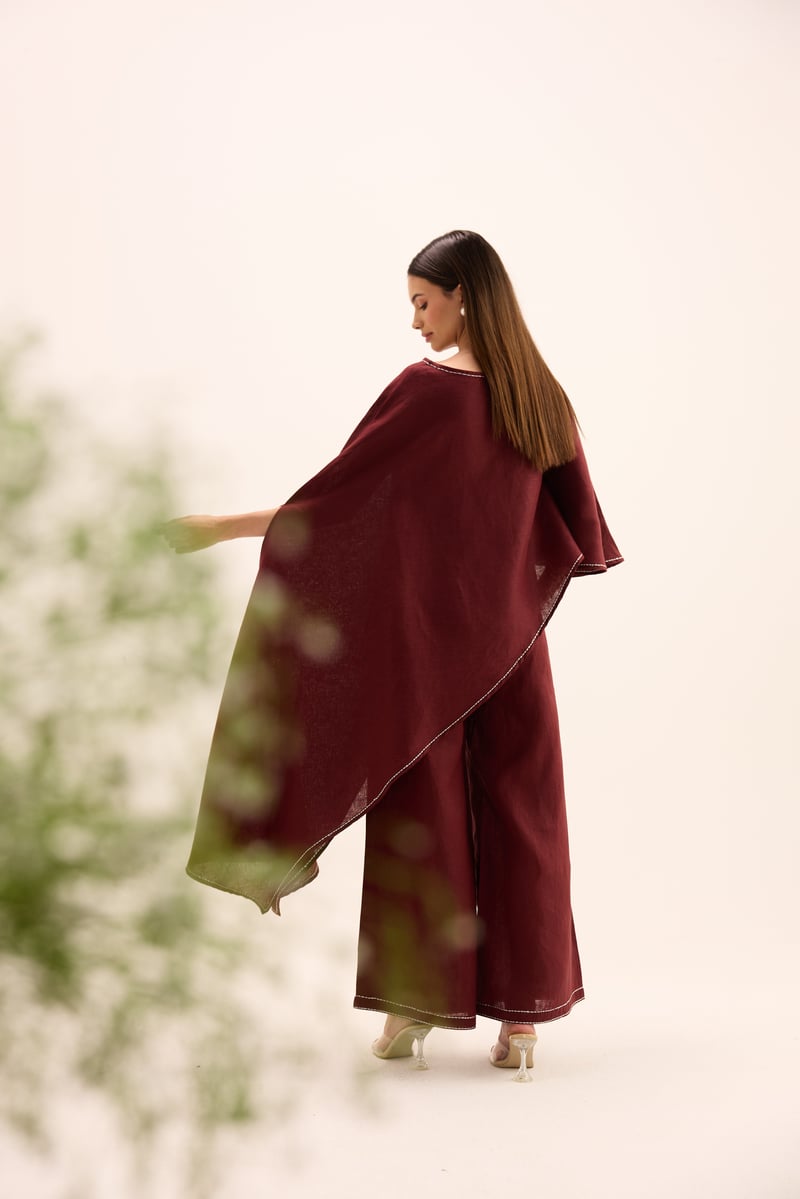 Burgundy Linen Asymmetric Cape Top and Pants Co-ord Set
