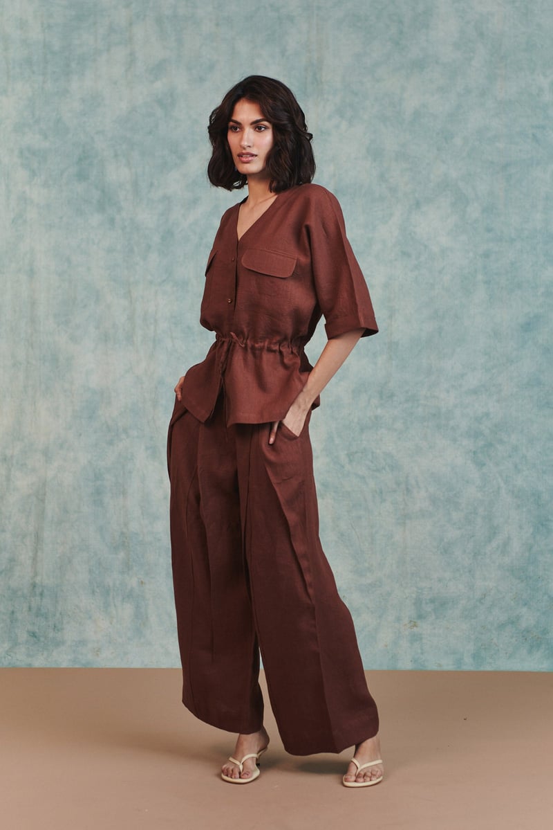 Linen Drawstring Shirt & Pleated Tuck Pants Set