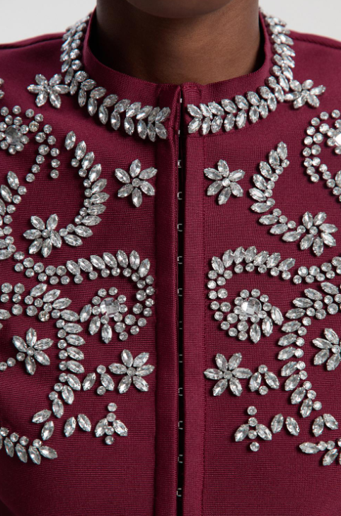 Burgundy Cropped Crystal-Embellished Knit Jacket