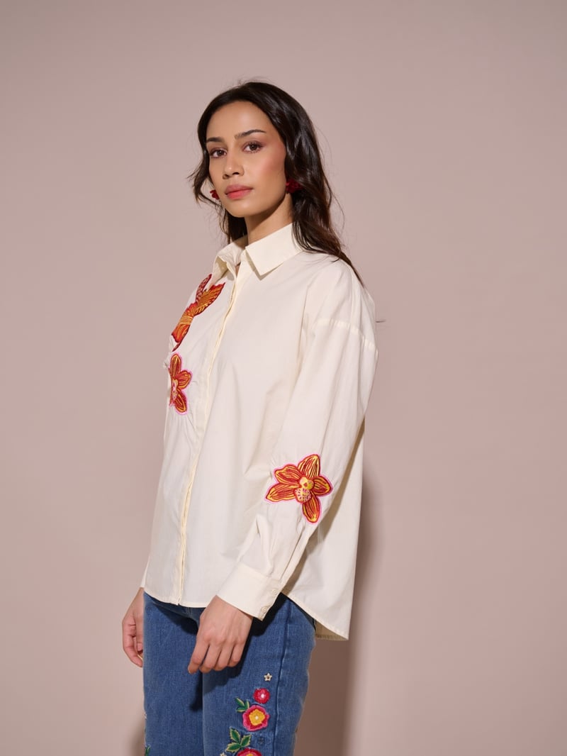 Off-White Floral Applique Button-Down Shirt
