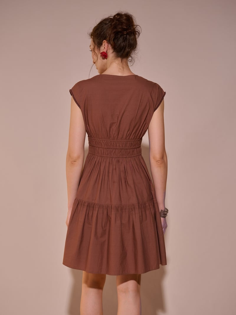 Brown Cotton Embroidered Fit and Flare Mini Dress