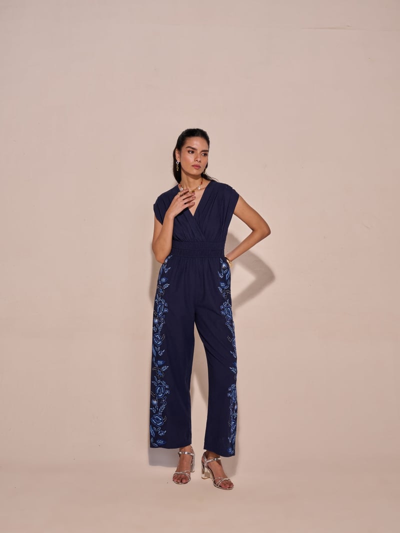 Blue V-Neck Smocked Waist Embroidered Jumpsuit