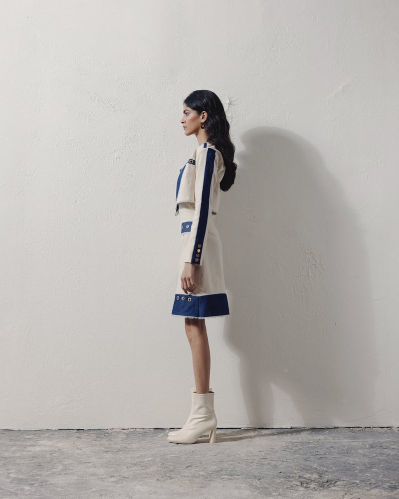 White and Blue Denim Knee-Length Dress with Jacket Set